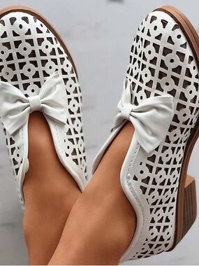White Bow Perforated Women's Slip-On Loafers